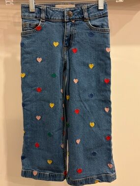 Mini Boden Denim Wide Leg Trouser Jeans with Multicolor Heart Embroidery - 3/4Y